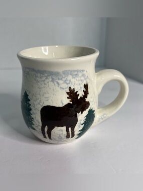 Vintage Hand Painted Moose Mug Tree Mountain Forest Camping Woodsy Cottagecore